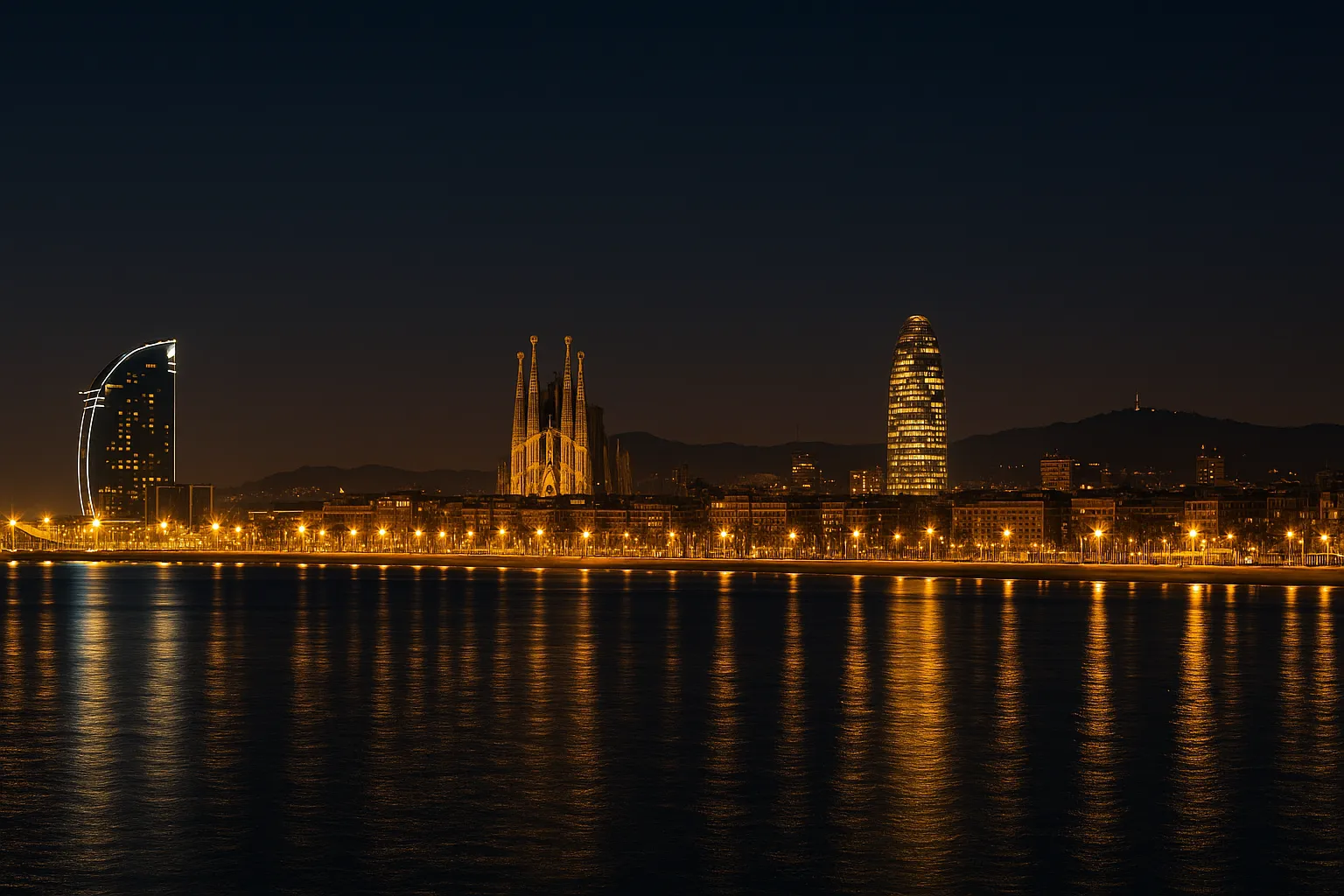 Barcelona skyline con taxi eléctrico premium - Servicio de traslados sostenibles y puntuales de BONTAXI Barcelona